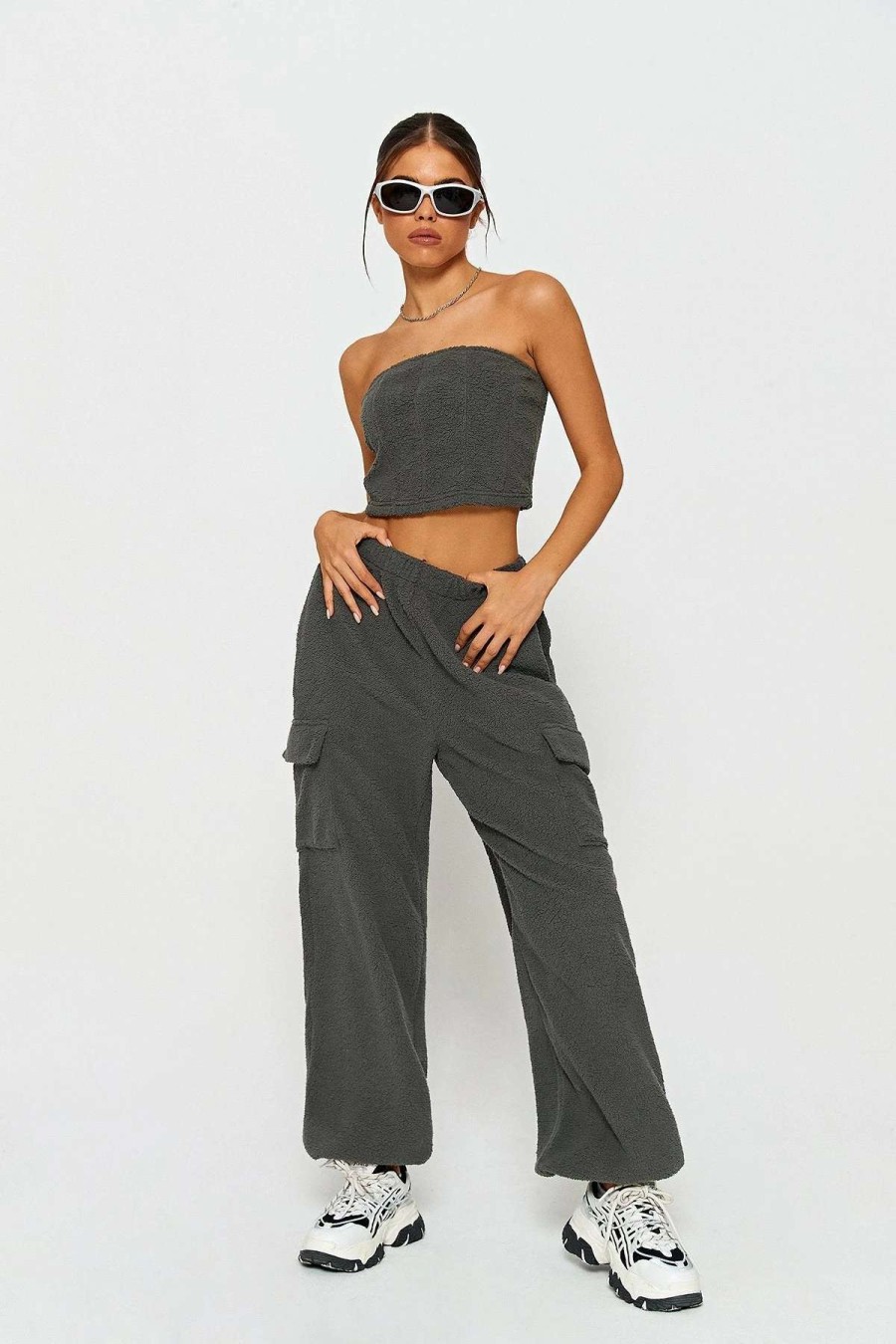 Pants * | Solado Teddy Tube Crop Top & Pocket Patched Cargo Pants Set Dimgray