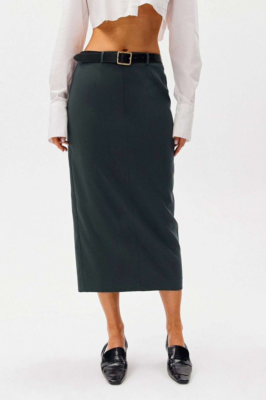 Skirts * | Solado Low Waist Split Hem Bodycon Midi Skirt Without Belt Gray