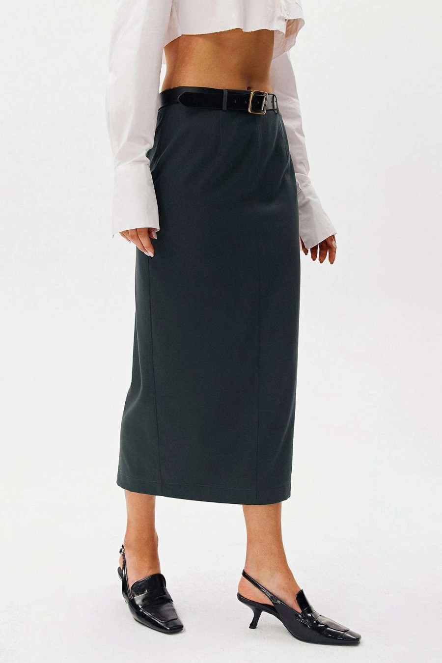 Skirts * | Solado Low Waist Split Hem Bodycon Midi Skirt Without Belt Gray