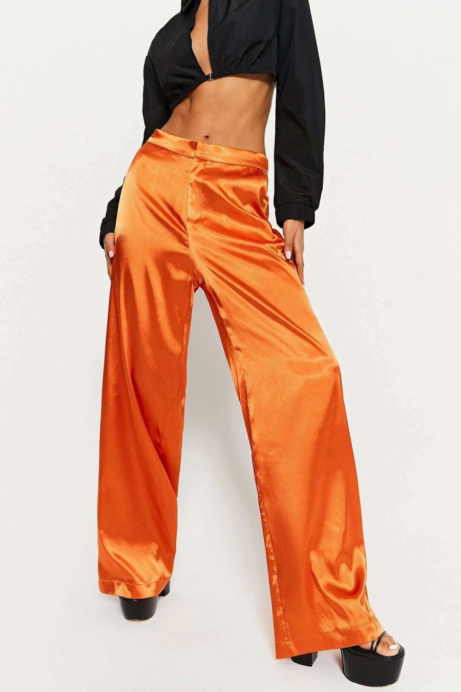 Pants * | Solado High Waist Satin Draped Solid Straight Pants Orange