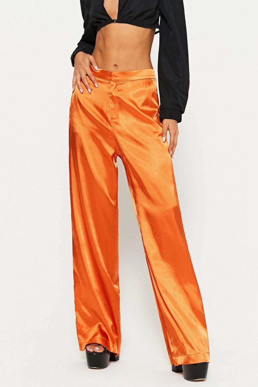 Pants * | Solado High Waist Satin Draped Solid Straight Pants Orange