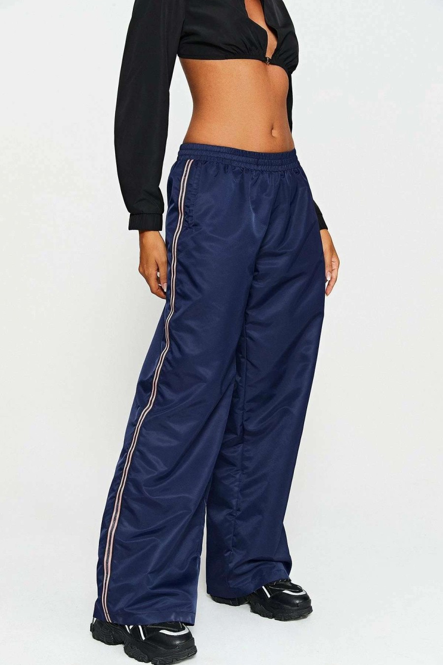 Pants * | Solado Dual Pocket Colorblock Trim Wide Leg Pants Darkblue