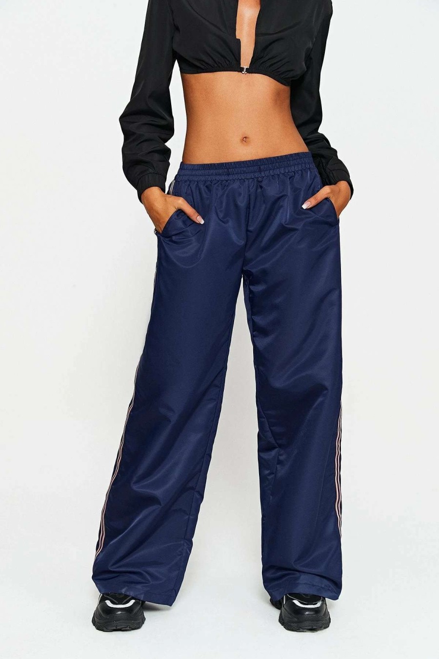 Pants * | Solado Dual Pocket Colorblock Trim Wide Leg Pants Darkblue