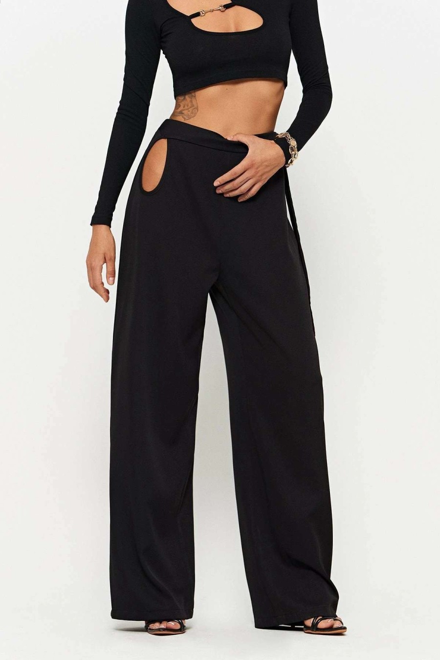 Pants * | Solado High Waist Cut Out Draped Solid Suit Pants Black