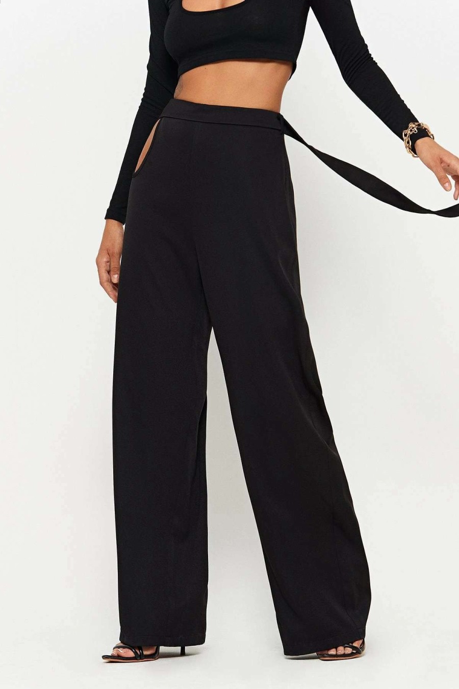 Pants * | Solado High Waist Cut Out Draped Solid Suit Pants Black