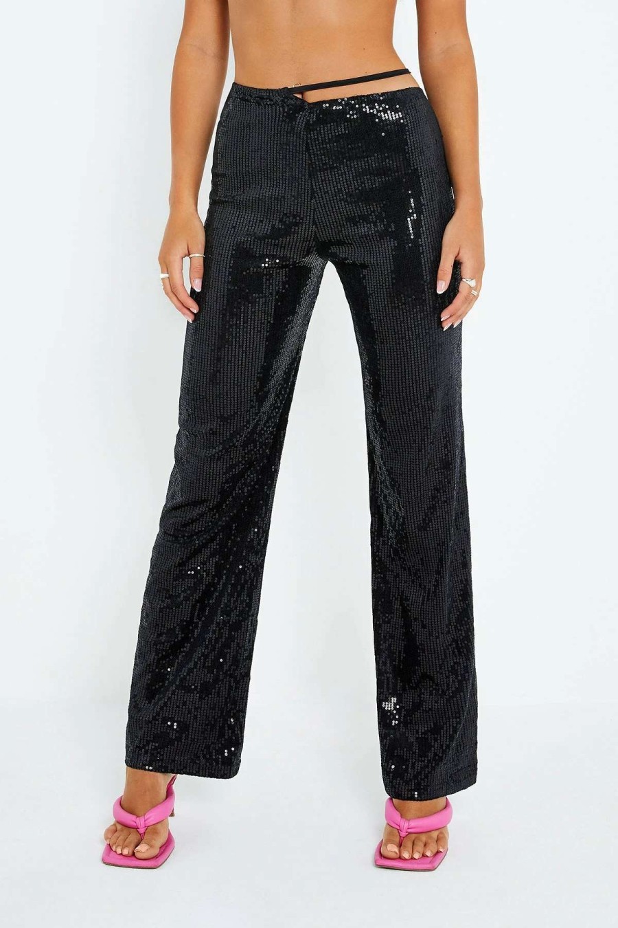 Pants * | Solado Sequin Asymmetric Waist Tie Side Straight Pants Black