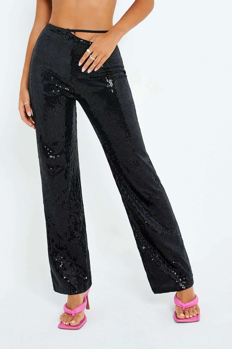 Pants * | Solado Sequin Asymmetric Waist Tie Side Straight Pants Black