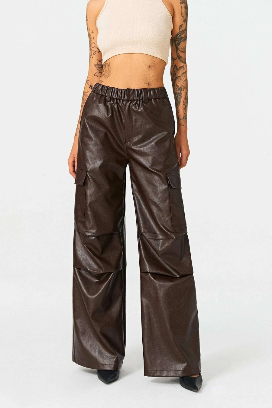 Pants * | Solado Pocket Patched Ruched Pu Leather Wide Leg Pants Brown