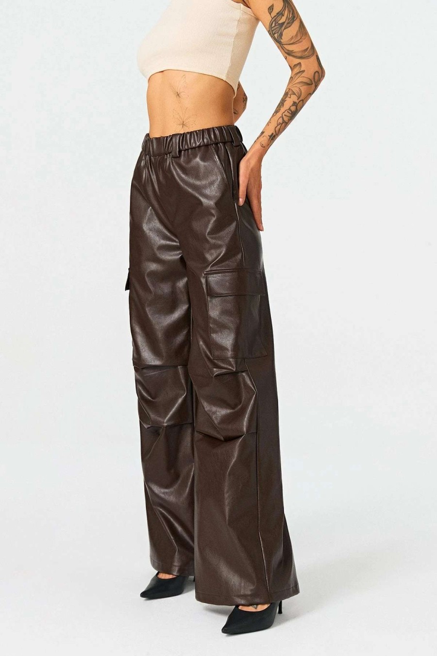 Pants * | Solado Pocket Patched Ruched Pu Leather Wide Leg Pants Brown