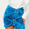 Skirts * | Solado Satin Rhinestone Buckled Decor Ruched Mini Skirt Deepskyblue