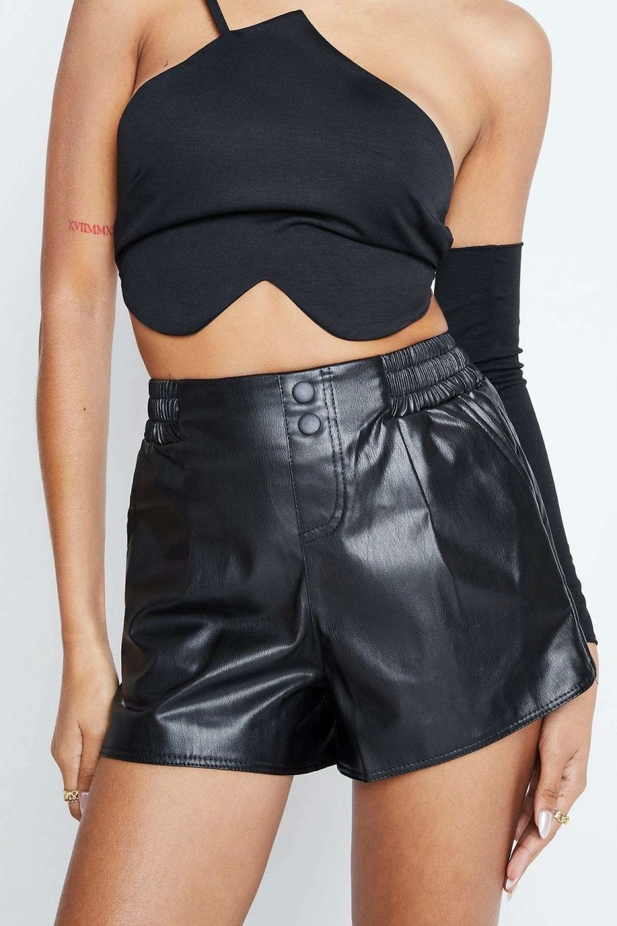 Shorts * | Solado High Waist Button Front Pu Leather Shorts Black